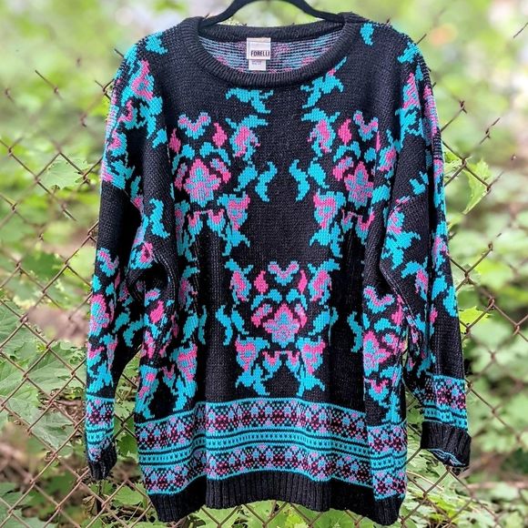 Vintage Sweaters - Vintage 90s Teal Pink Black Floral Acrylic Sweater